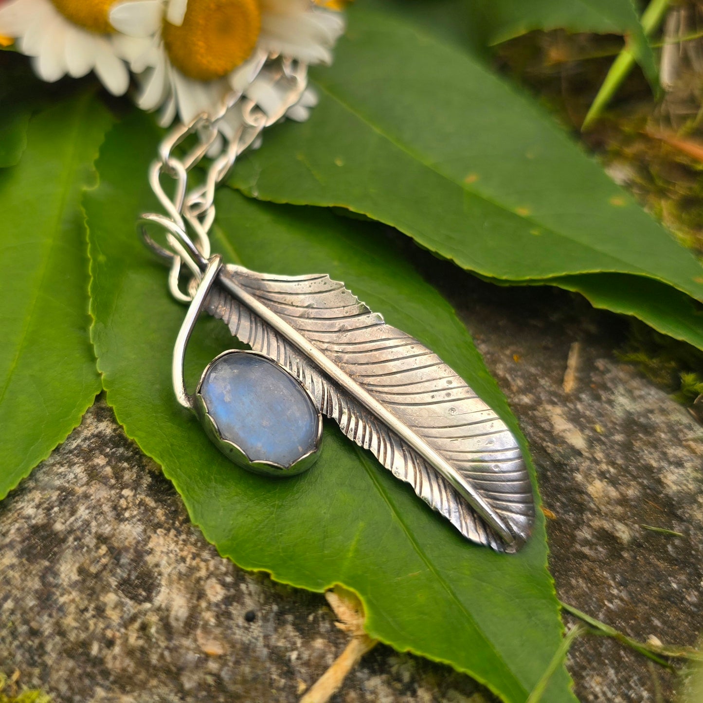 Rainbow Moonstone & Feather Hand-Forged Sterling Silver Pendant