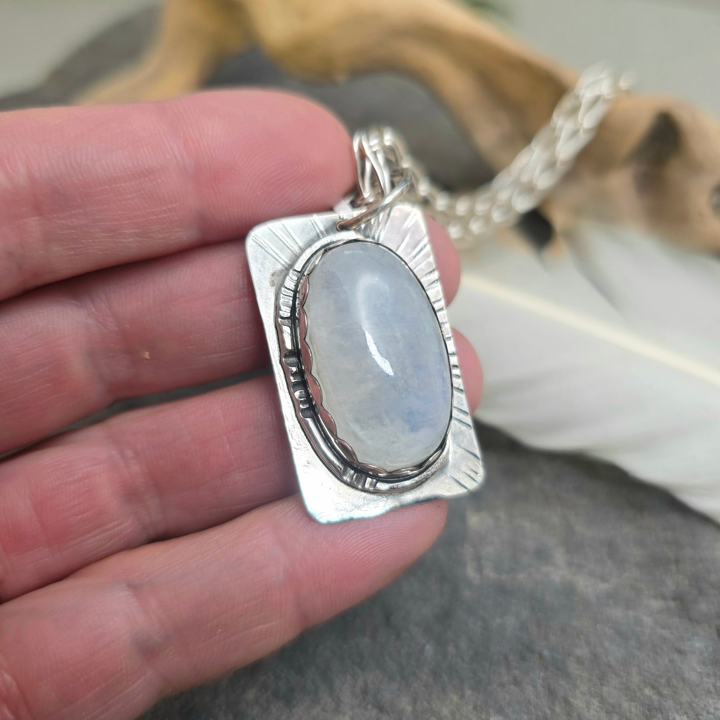 Rainbow Moonstone Sunburst Hand-Forged Sterling Silver Pendant