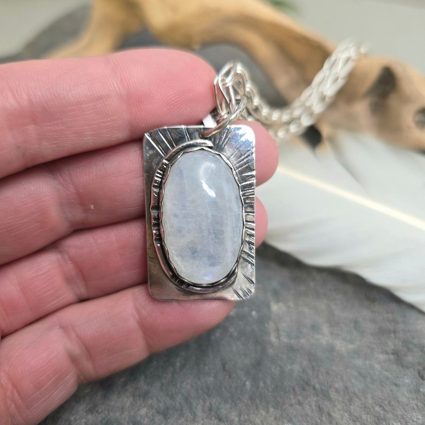 Rainbow Moonstone Sunburst Hand-Forged Sterling Silver Pendant