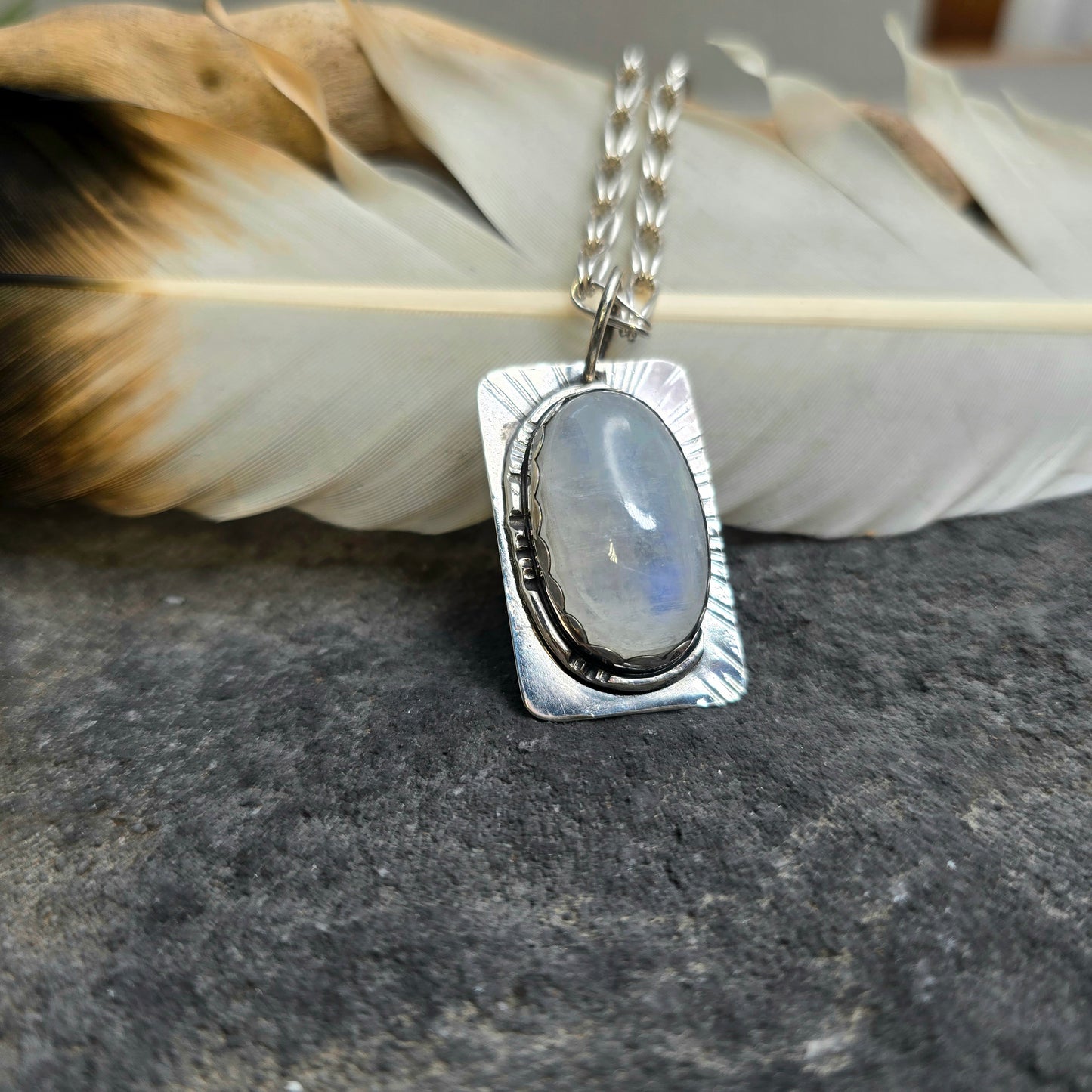Rainbow Moonstone Sunburst Hand-Forged Sterling Silver Pendant