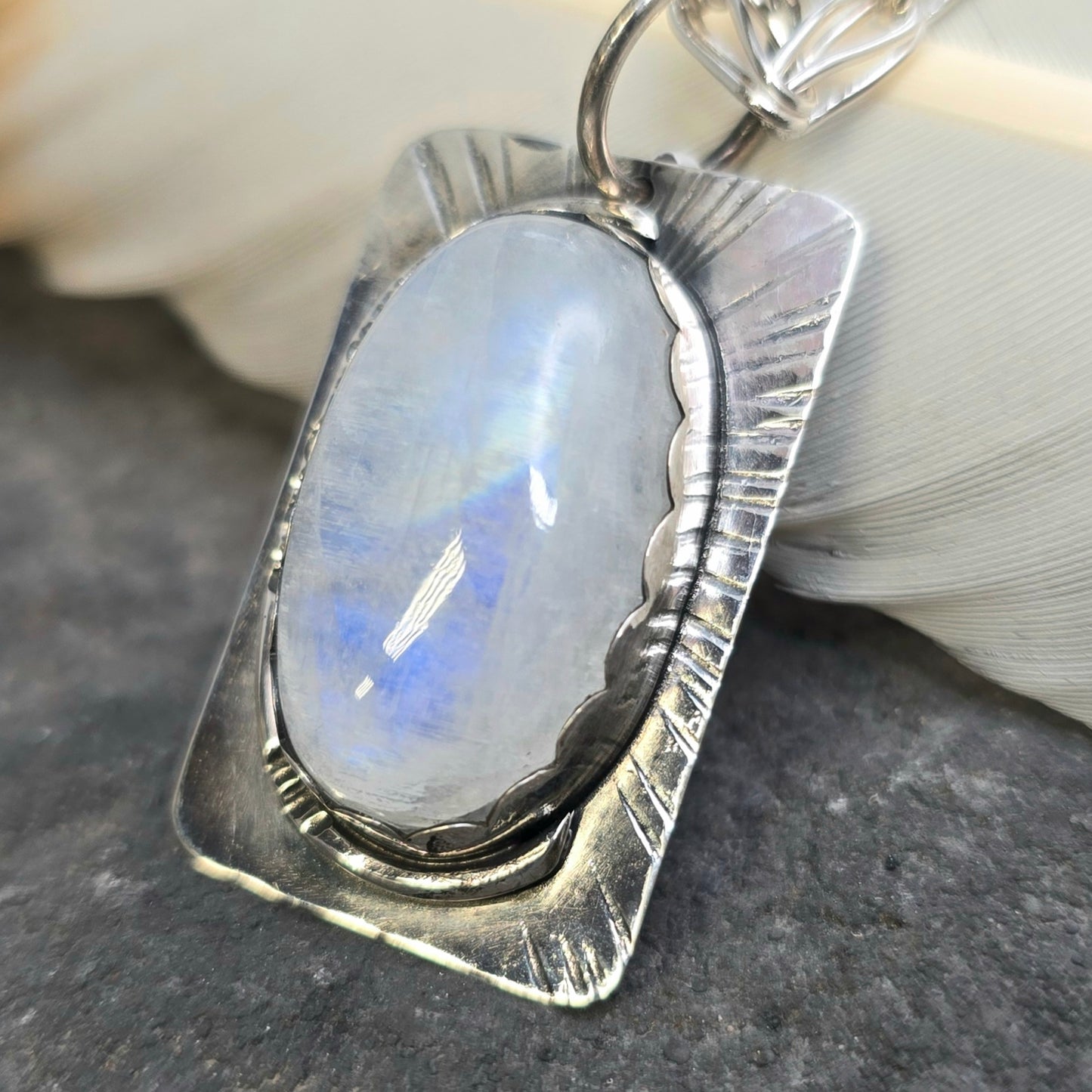 Rainbow Moonstone Sunburst Hand-Forged Sterling Silver Pendant
