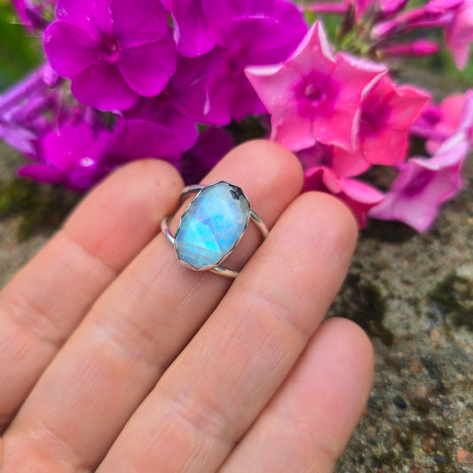 Rainbow Moonstone Hand-Forged Sterling Silver Ring