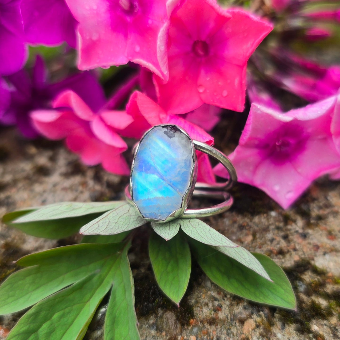 Rainbow Moonstone Hand-Forged Sterling Silver Ring