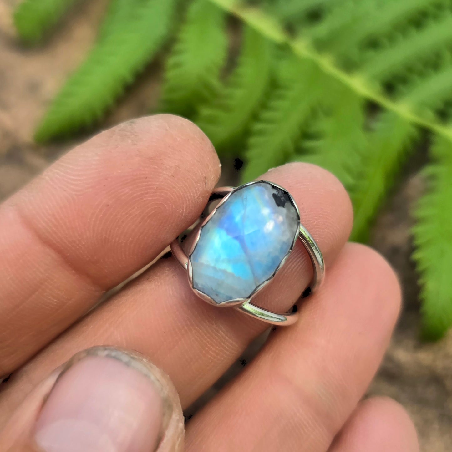 Rainbow Moonstone Hand-Forged Sterling Silver Ring