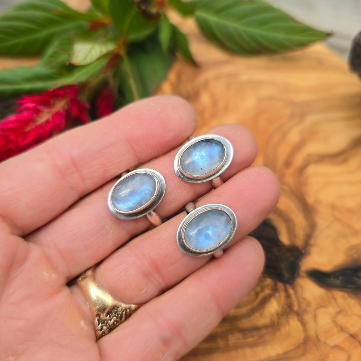 Minimalist Rainbow Moonstone Sterling Silver Rings