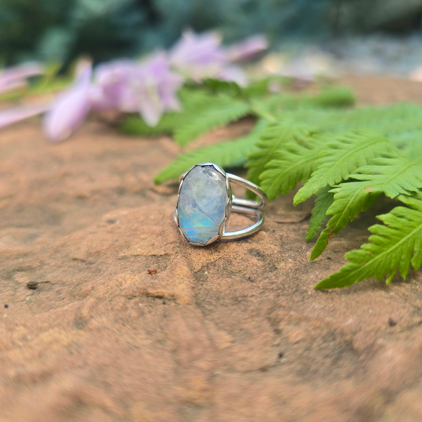 Rainbow Moonstone Hand-Forged Sterling Silver Ring