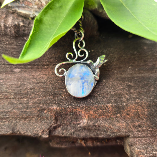 Rainbow Moonstone Windswept Swirl Hummingbird Hand-Forged Sterling Silver Pendant