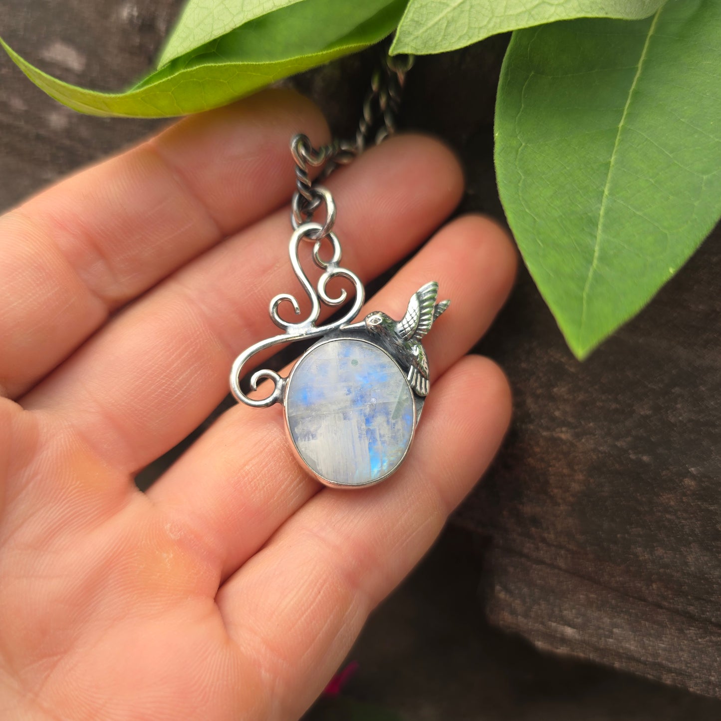 Rainbow Moonstone Windswept Swirl Hummingbird Hand-Forged Sterling Silver Pendant