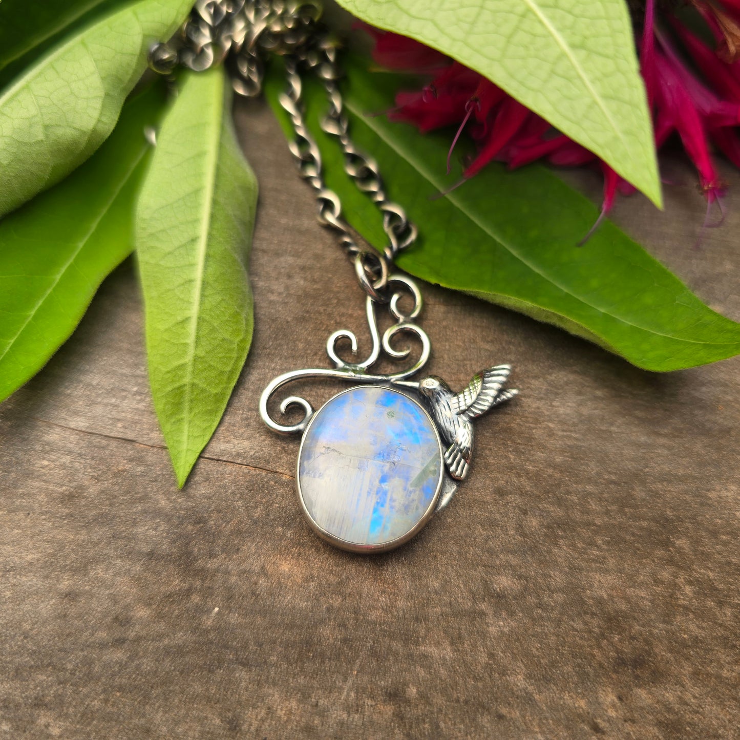 Rainbow Moonstone Windswept Swirl Hummingbird Hand-Forged Sterling Silver Pendant