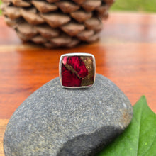 Load image into Gallery viewer, square red dahlia mohave ring with triple shank band displayed upright
