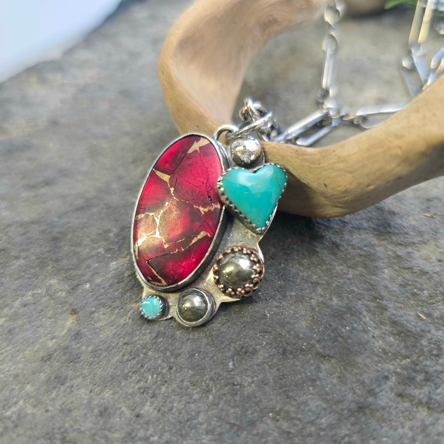 Hand-Forged Red Dahlia Mohave, Turquoise, and Pyrite Sterling Silver Pendant
