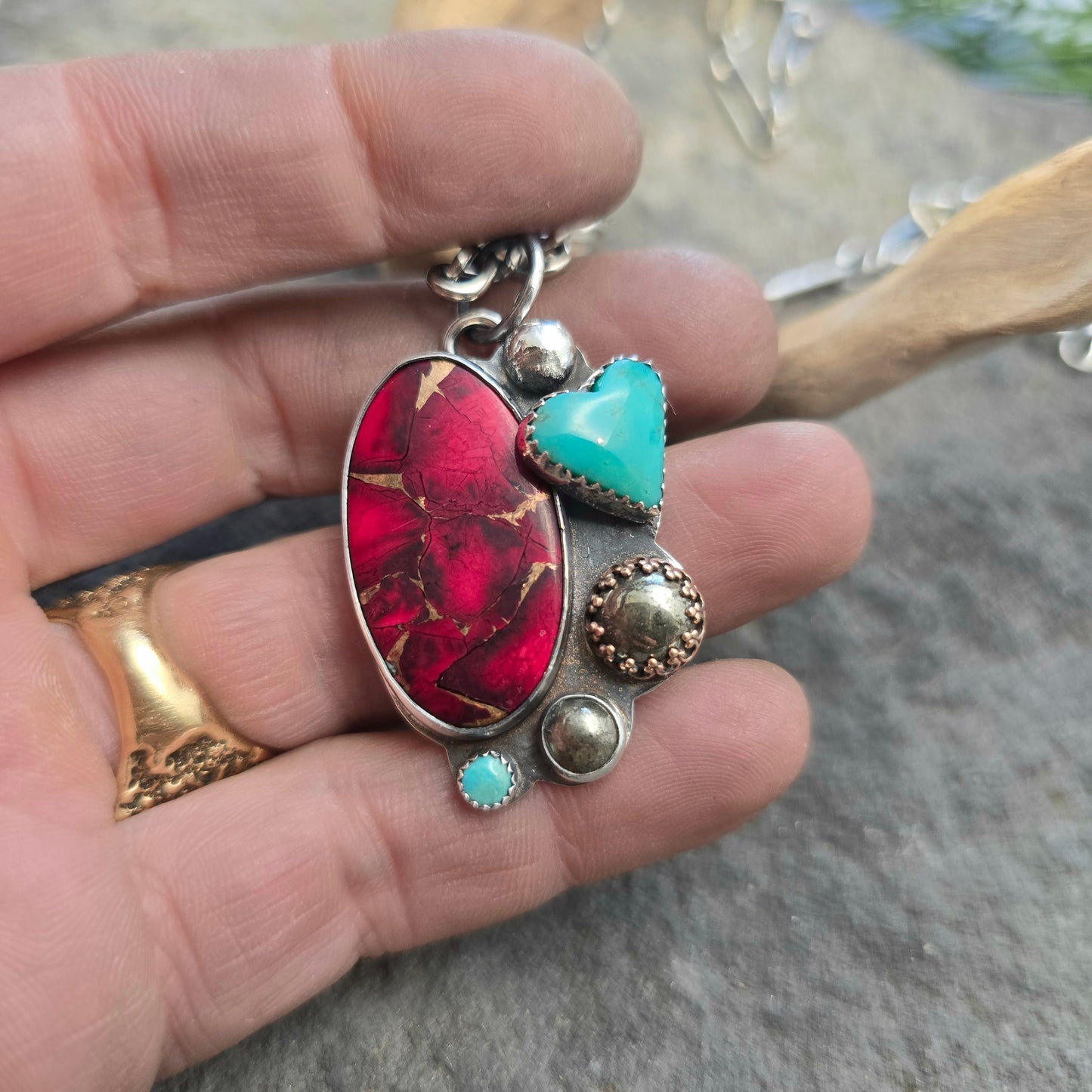 Hand-Forged Red Dahlia Mohave, Turquoise, and Pyrite Sterling Silver Pendant