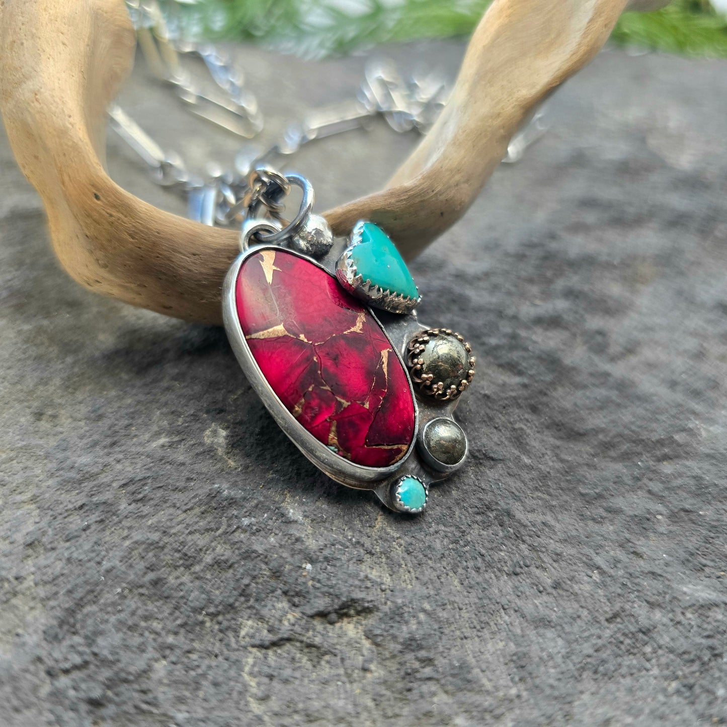 Hand-Forged Red Dahlia Mohave, Turquoise, and Pyrite Sterling Silver Pendant