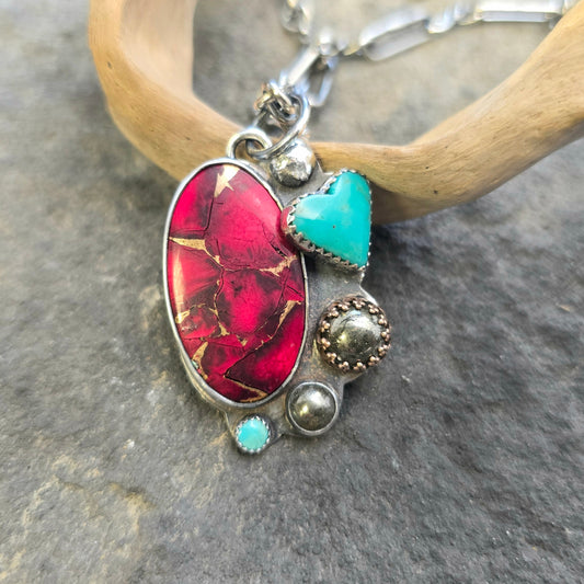 Hand-Forged Red Dahlia Mohave, Turquoise, and Pyrite Sterling Silver Pendant