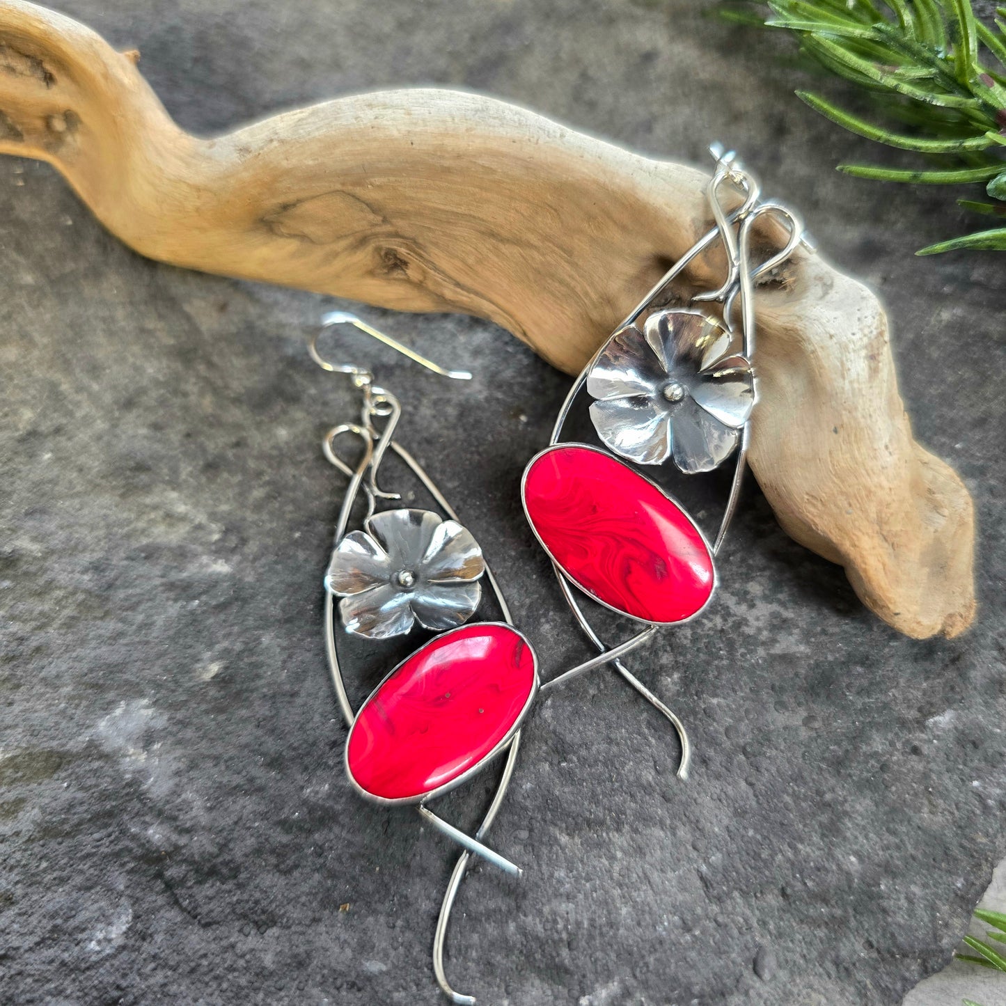 Red Rosarita Flower Drop Sterling Silver Earrings