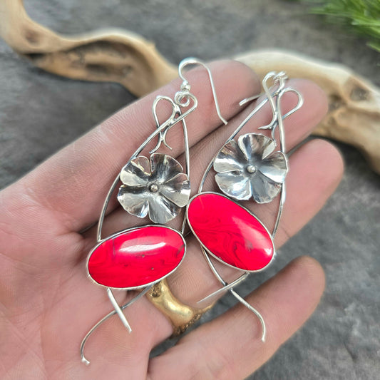 Red Rosarita Flower Drop Sterling Silver Earrings