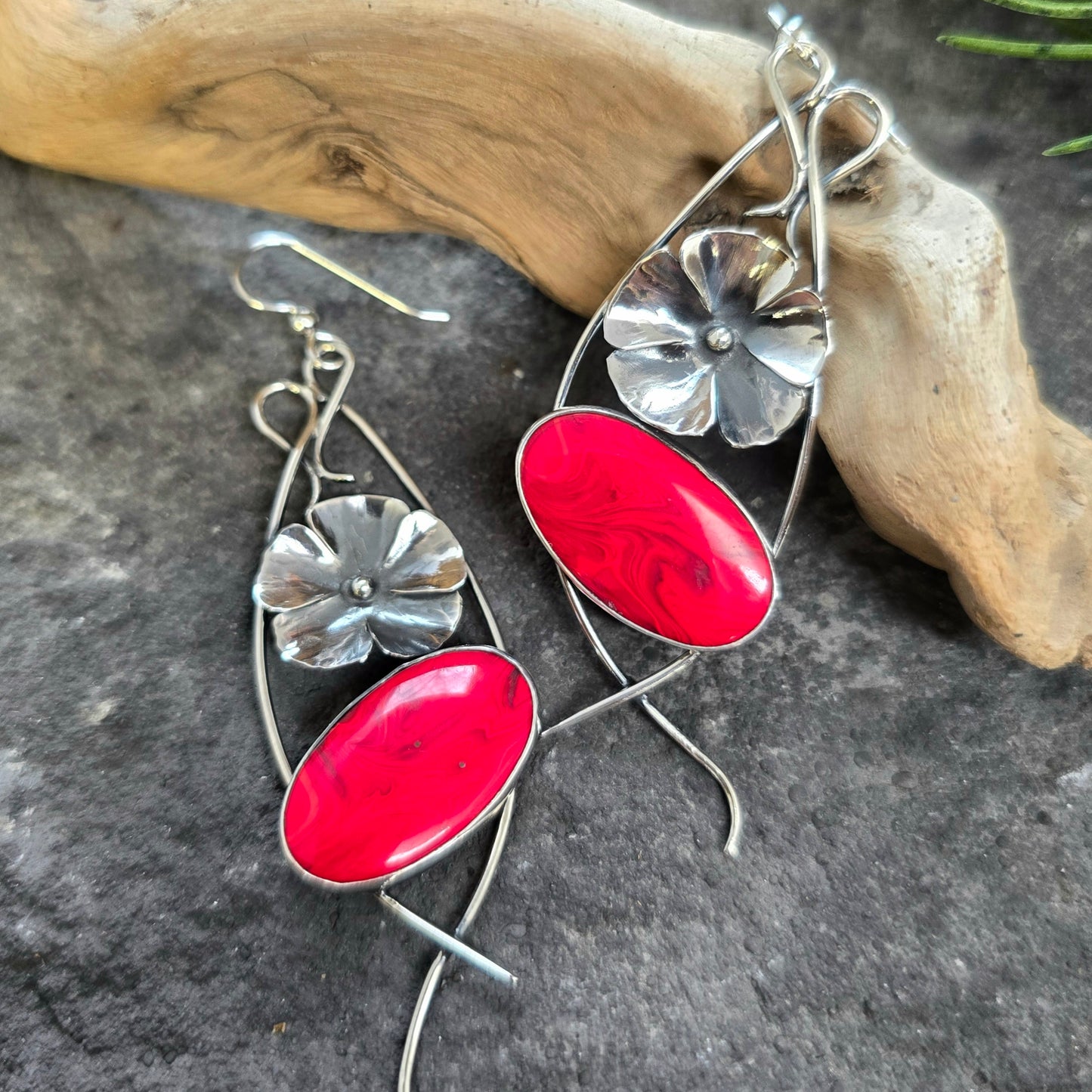 Red Rosarita Flower Drop Sterling Silver Earrings