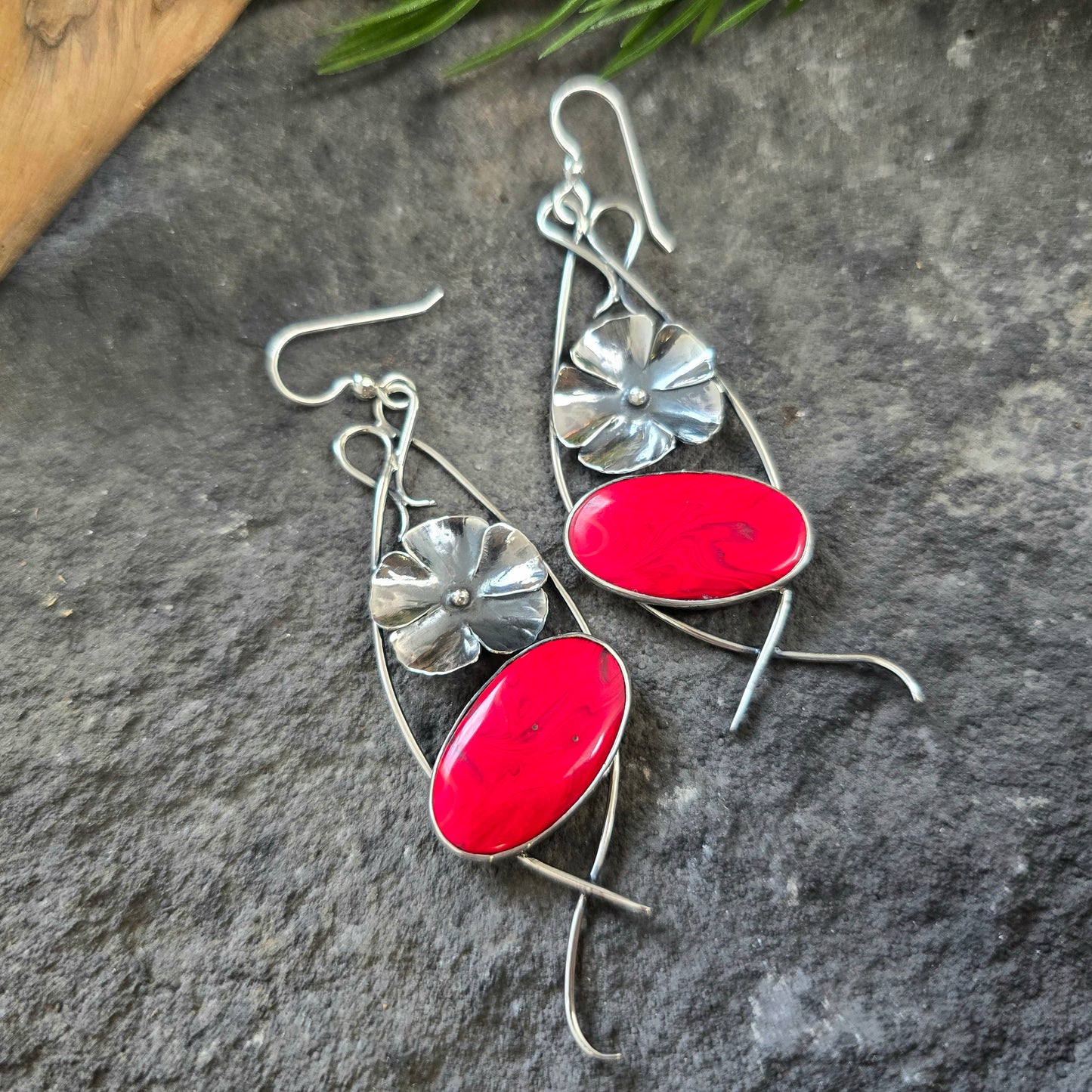 Red Rosarita Flower Drop Sterling Silver Earrings