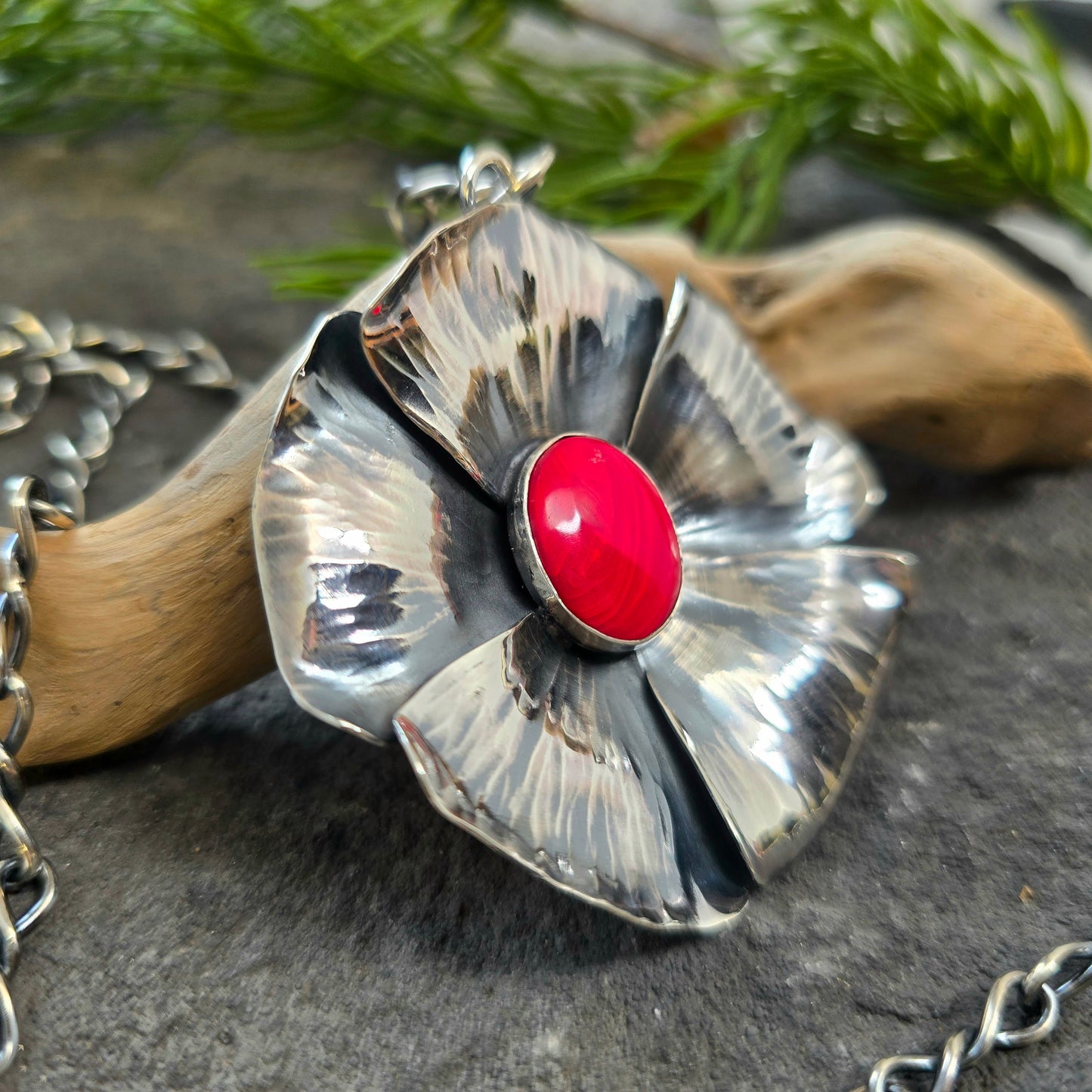 Red Rosarita Flower Sterling Silver Statement Pendant