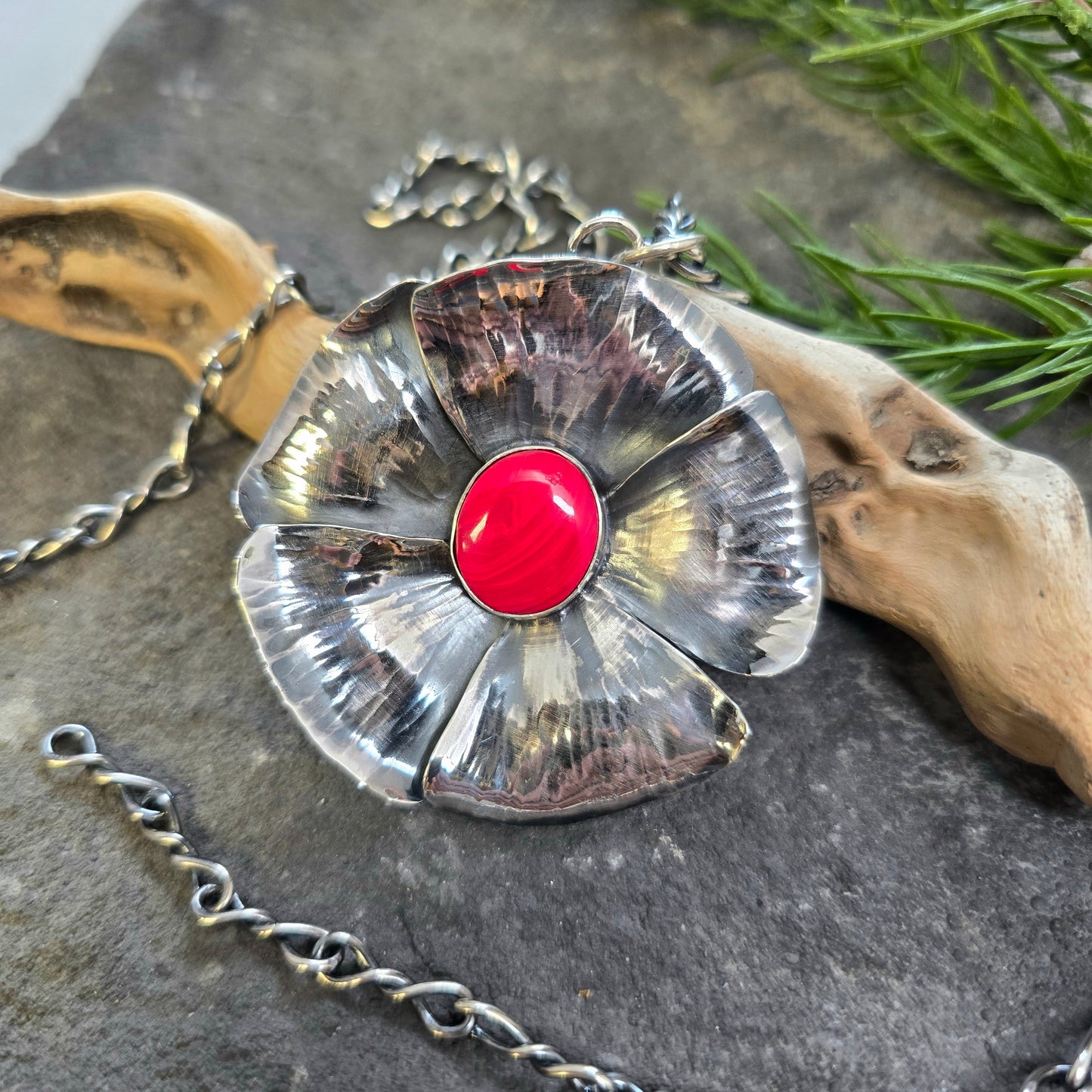 Red Rosarita Flower Sterling Silver Statement Pendant