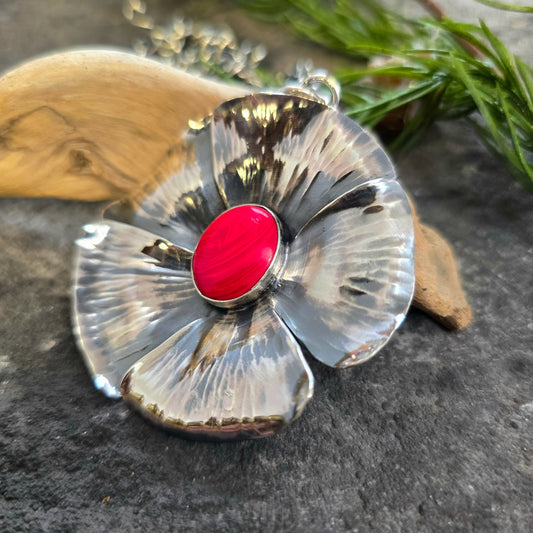Red Rosarita Flower Sterling Silver Statement Pendant