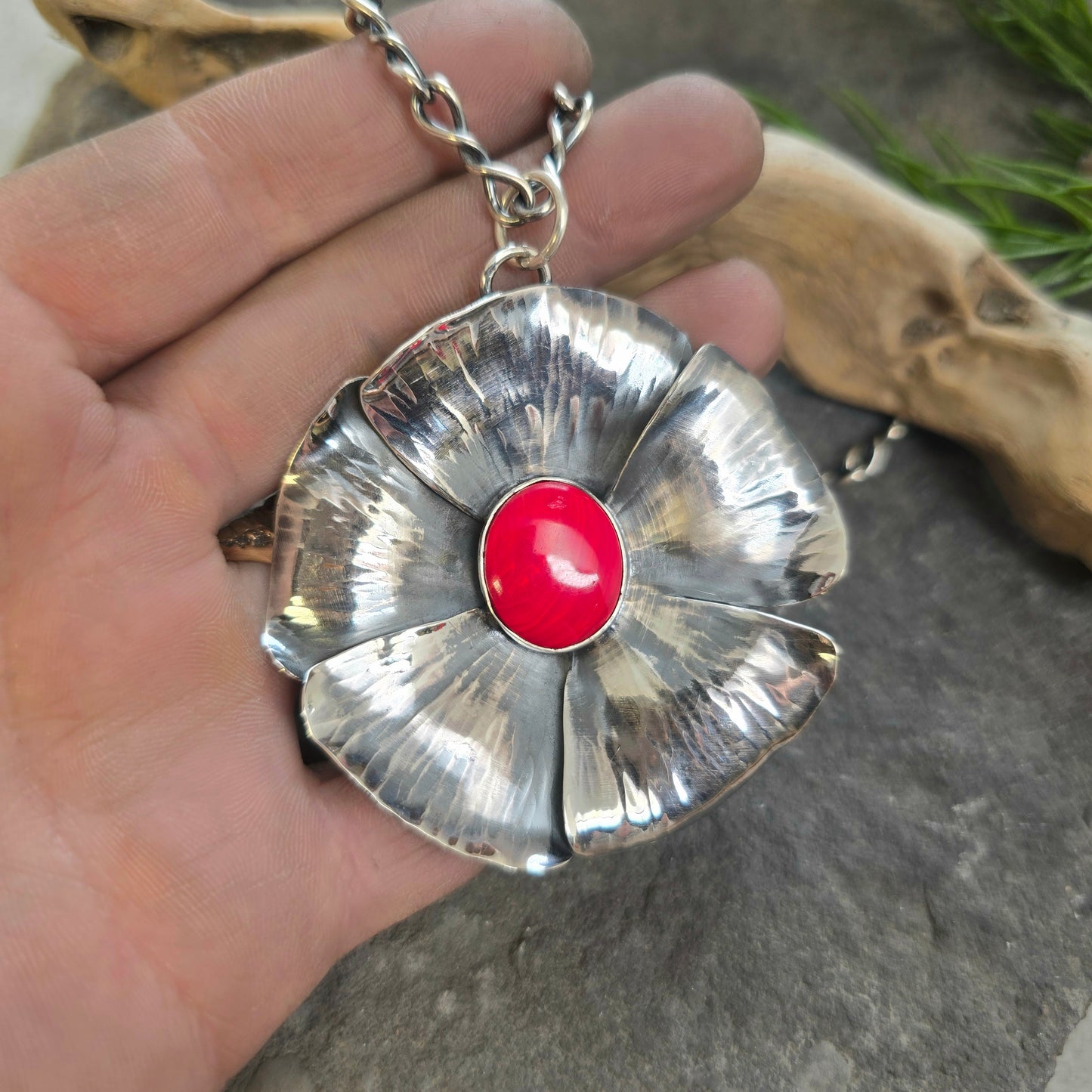 Red Rosarita Flower Sterling Silver Statement Pendant