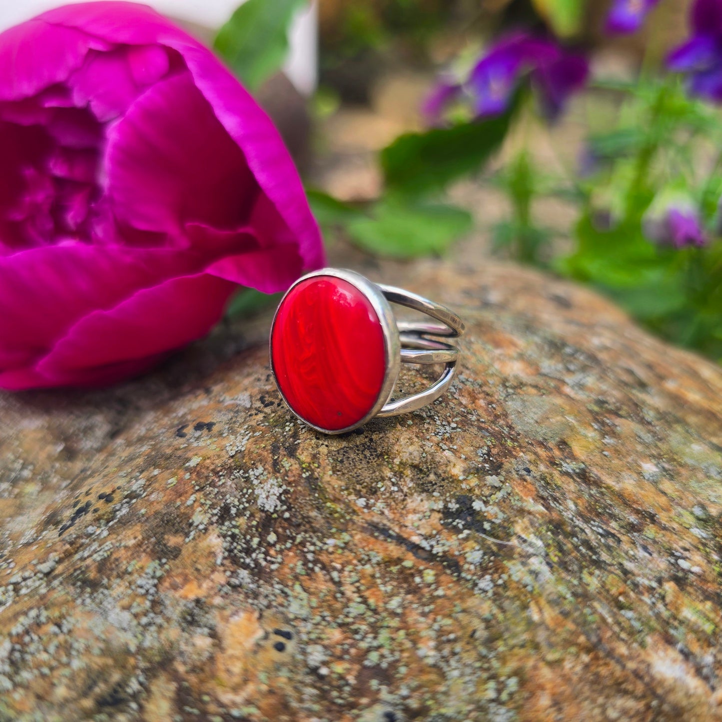 Red Rosarita Hand-Forged Sterling Silver Triple Shank Ring