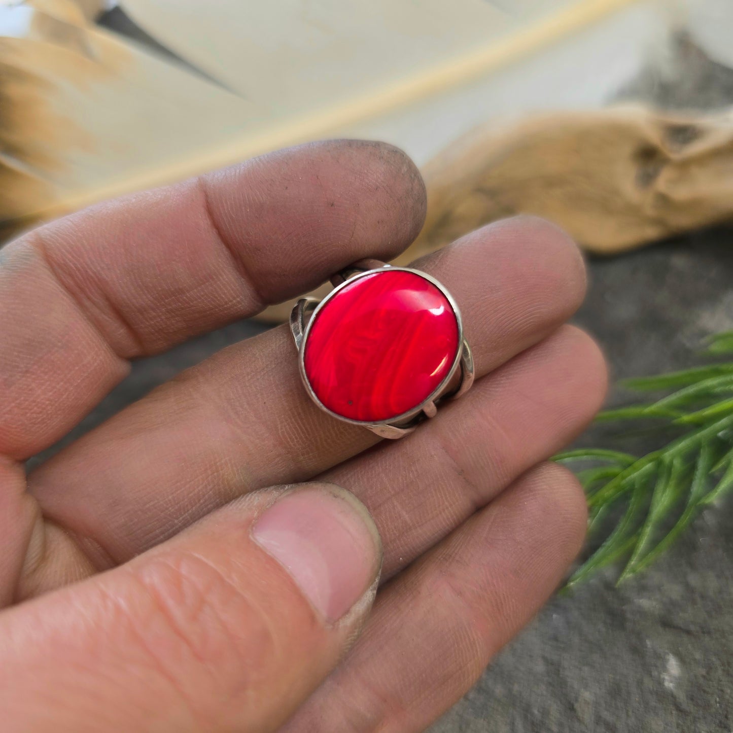 Red Rosarita Hand-Forged Sterling Silver Triple Shank Ring