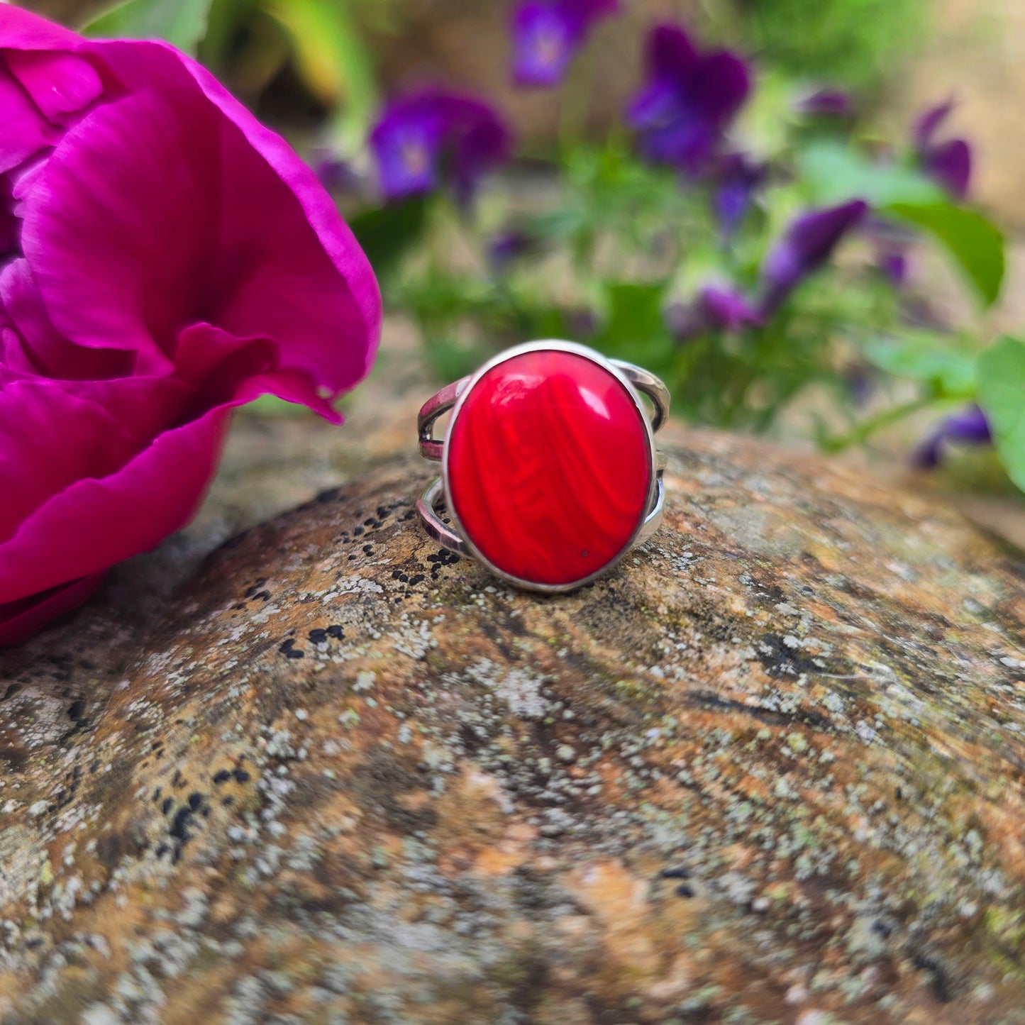 Red Rosarita Hand-Forged Sterling Silver Triple Shank Ring
