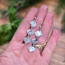 Load image into Gallery viewer, front view of reticulated silver drop earrings with three diamond shapes
