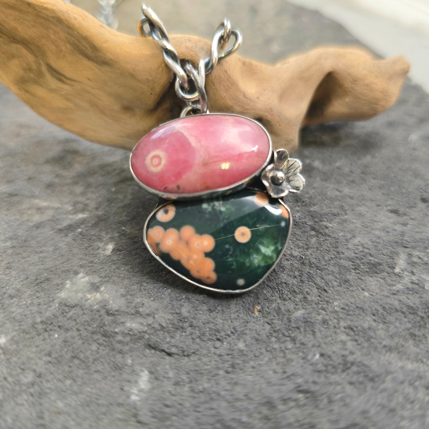Hand-Forged Rhodochrosite and Ocean Jasper Boulder Ridge Sterling Silver Pendant