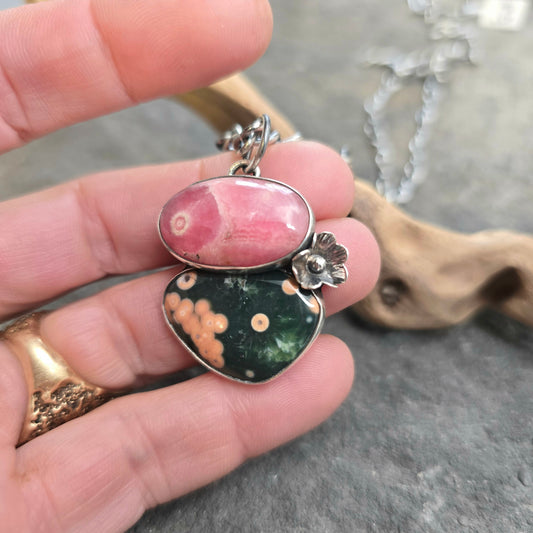 Hand-Forged Rhodochrosite and Ocean Jasper Boulder Ridge Sterling Silver Pendant