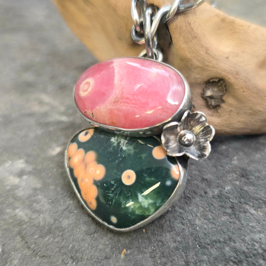 Hand-Forged Rhodochrosite and Ocean Jasper Boulder Ridge Sterling Silver Pendant