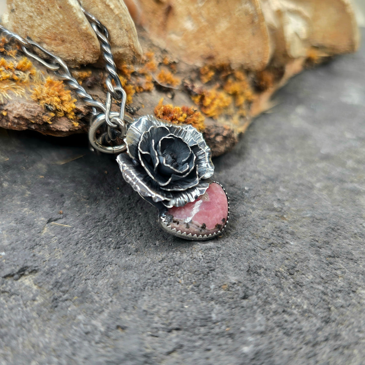 Rhodochrosite Peony Sterling Silver Pendant