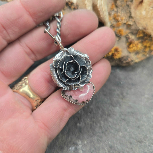 Rhodochrosite Peony Sterling Silver Pendant