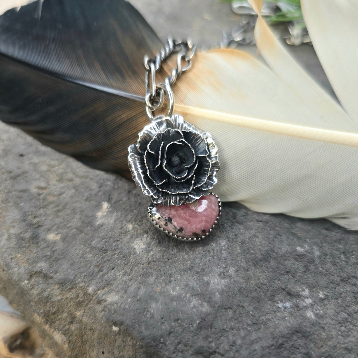 Rhodochrosite Peony Sterling Silver Pendant