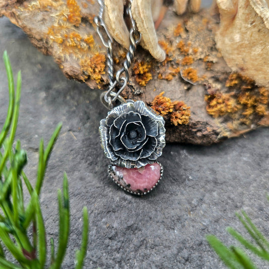 Rhodochrosite Peony Sterling Silver Pendant