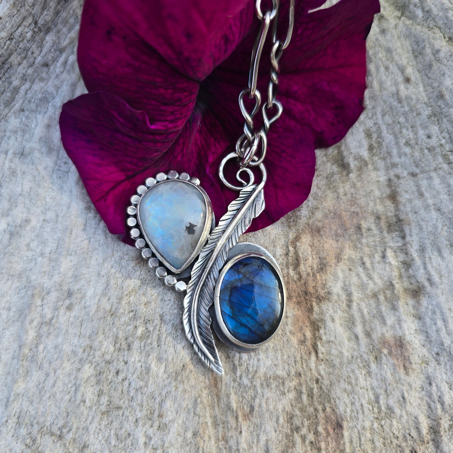 Labradorite, Moonstone and Feather Pendant