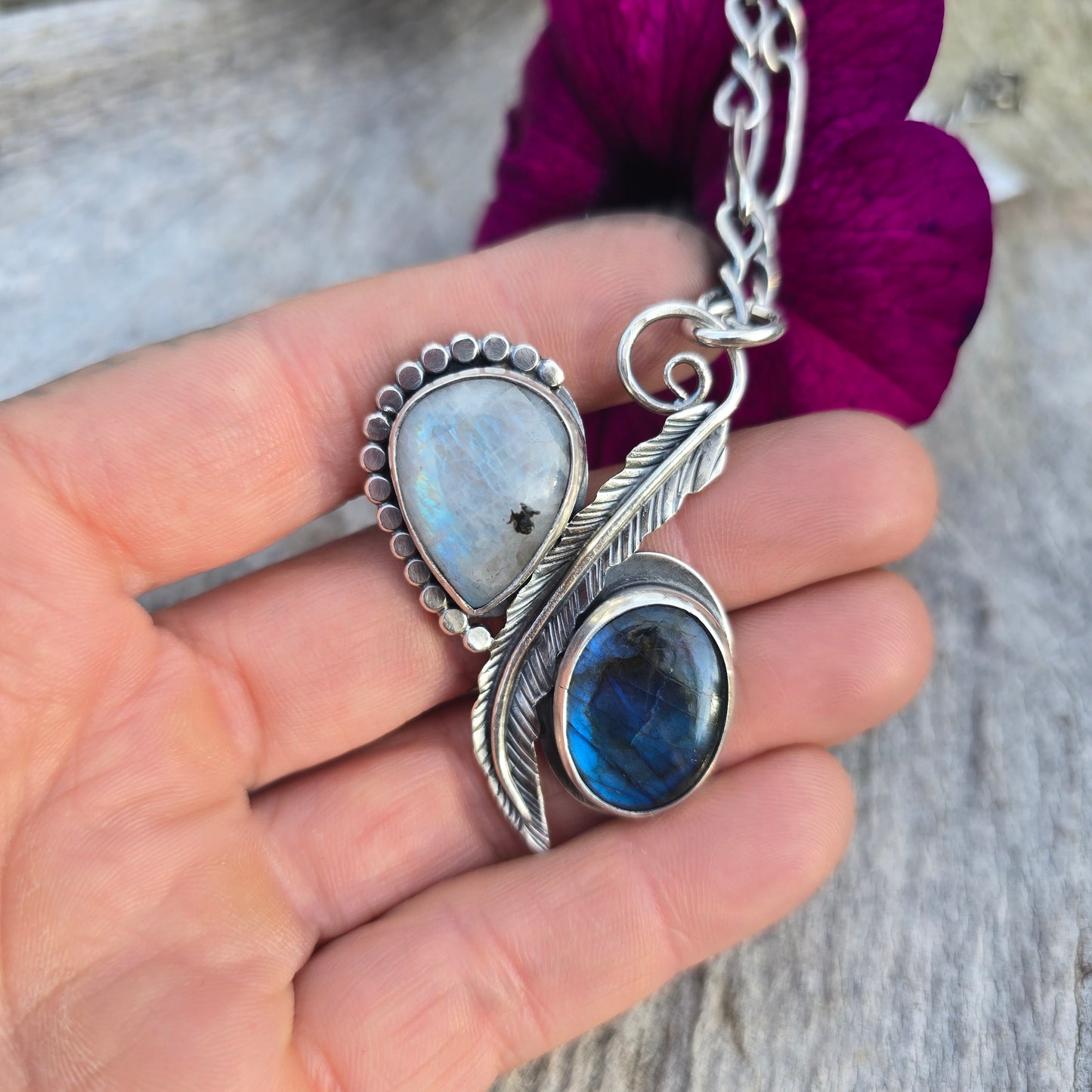 Labradorite, Moonstone and Feather Pendant