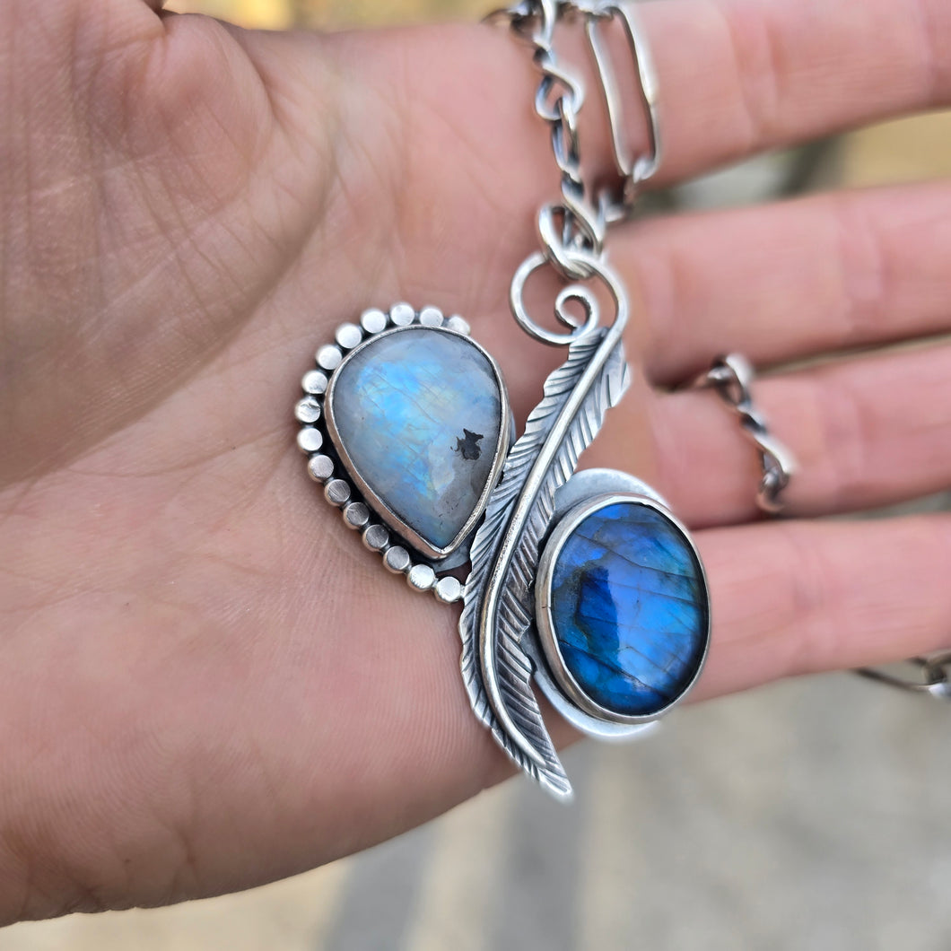 Labradorite, Moonstone and Feather Pendant