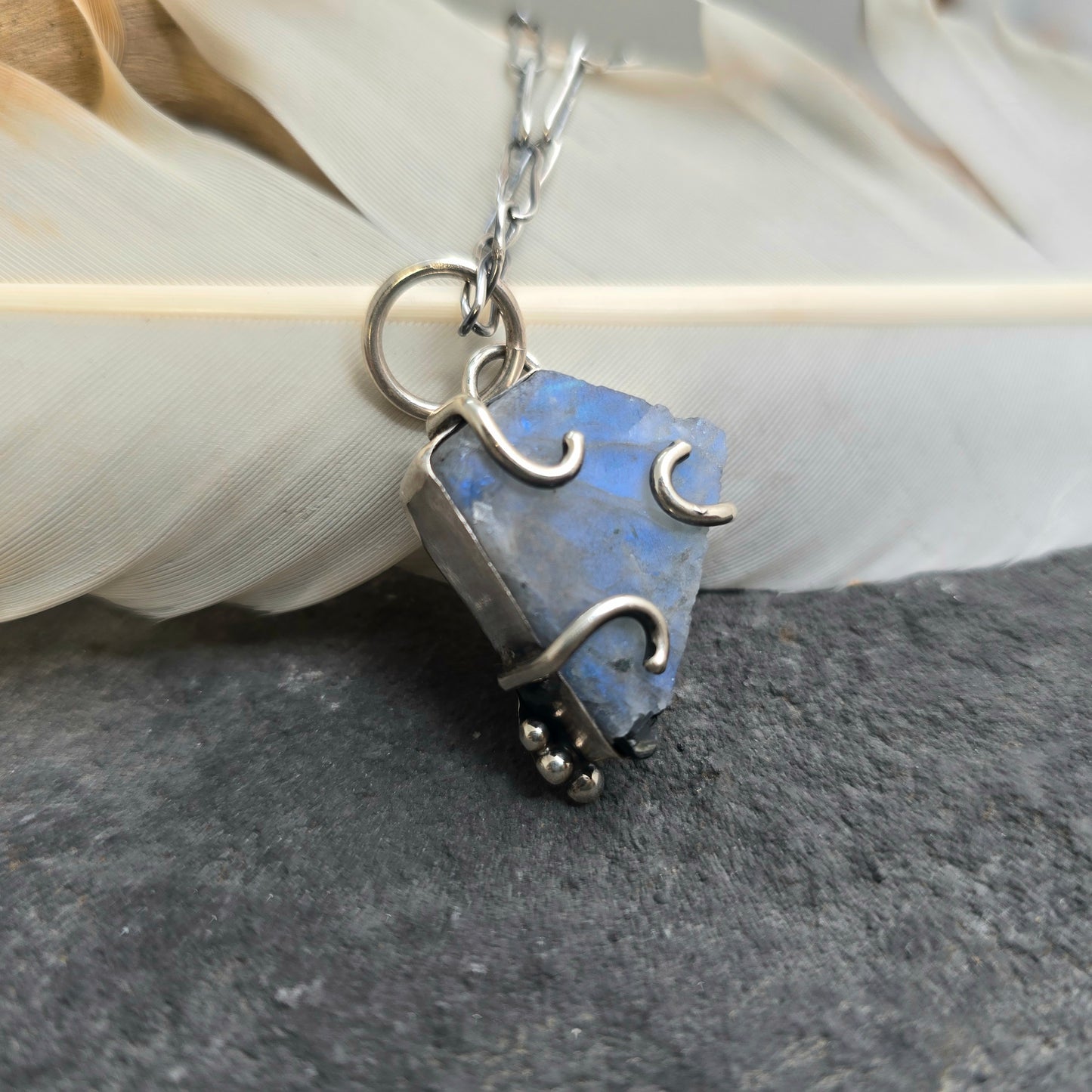 Rough Rainbow Moonstone Hand-Forged Sterling Silver Pendant