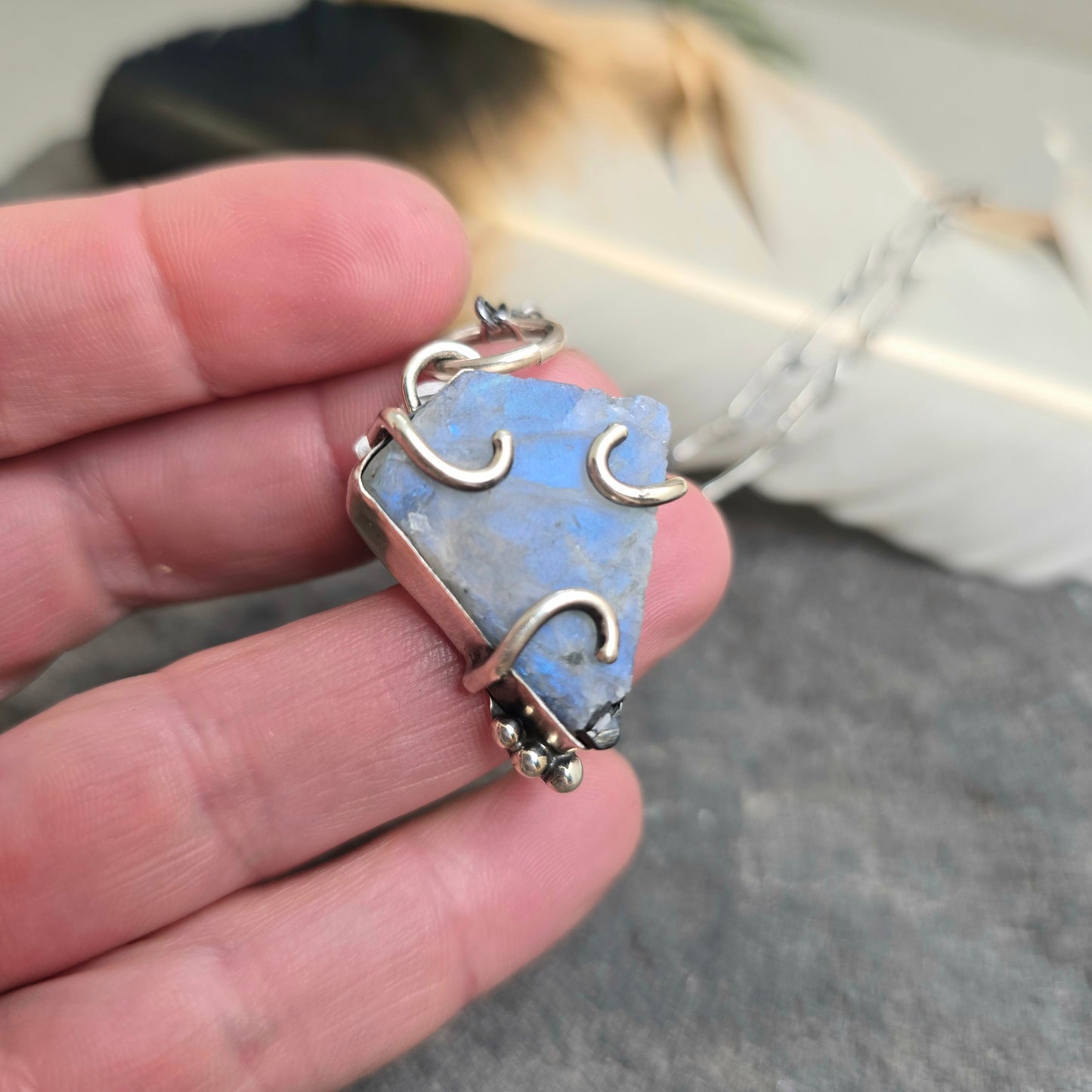 Rough Rainbow Moonstone Hand-Forged Sterling Silver Pendant