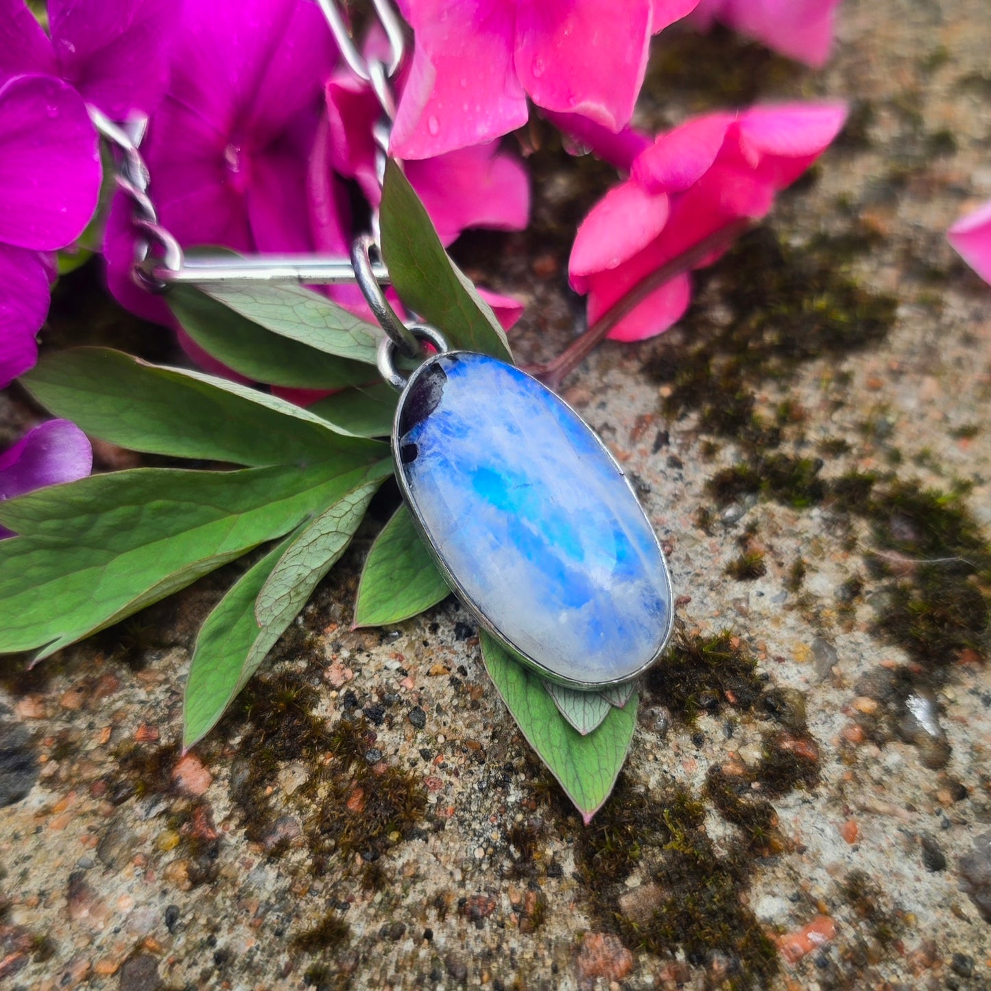 Rough Rainbow Moonstone Hand-Forged Sterling Silver Pendant