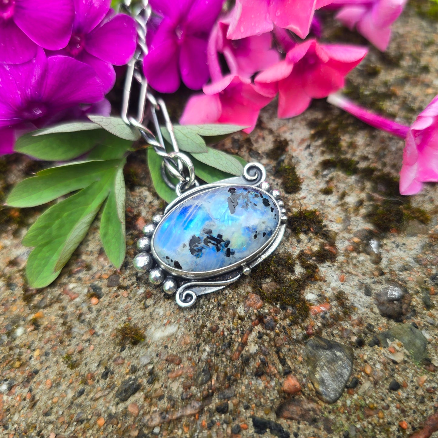 Rough Rainbow Moonstone Hand-Forged Sterling Silver Beaded Pendant