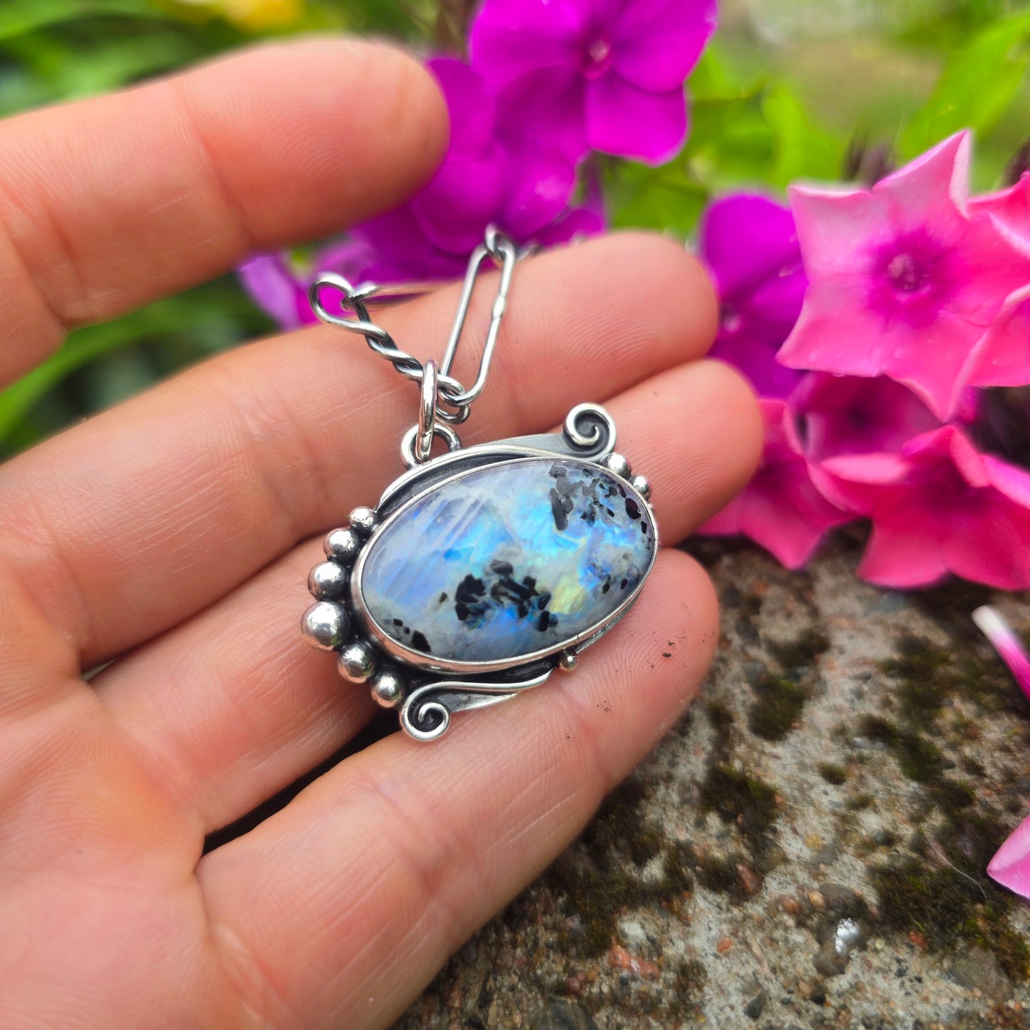 Rough Rainbow Moonstone Hand-Forged Sterling Silver Beaded Pendant