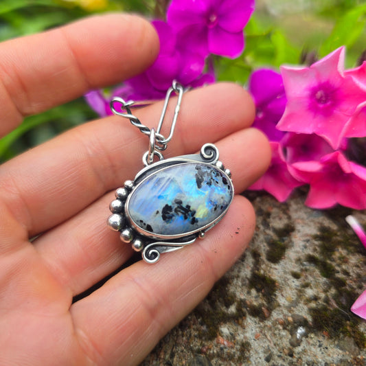 Rough Rainbow Moonstone Hand-Forged Sterling Silver Beaded Pendant
