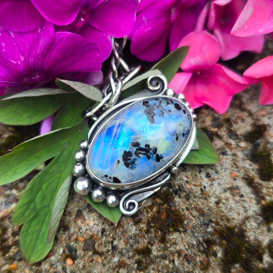 Rough Rainbow Moonstone Hand-Forged Sterling Silver Beaded Pendant