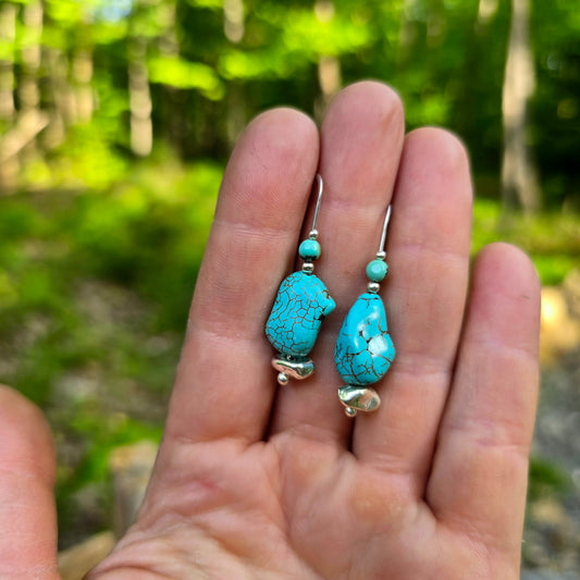 Rough Turquoise Hand-Forged Sterling Silver Threader Earrings