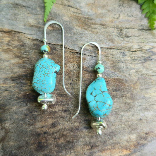 Rough Turquoise Hand-Forged Sterling Silver Threader Earrings