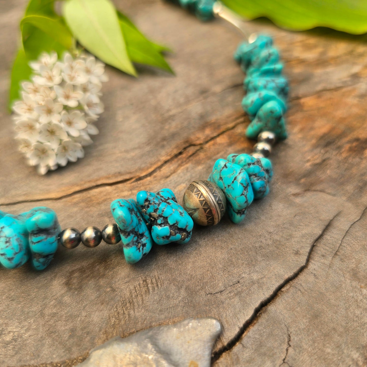 Rough Turquoise & Sterling Silver Beaded Necklace